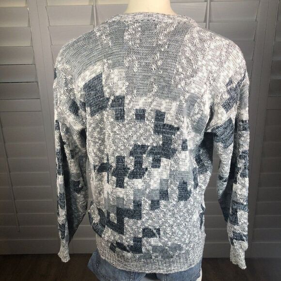 Vtg 90s Men's Michael Gerald Cardigan Acrylic Sweater M Gray White Blue Grandpa - Picture 4 of 12
